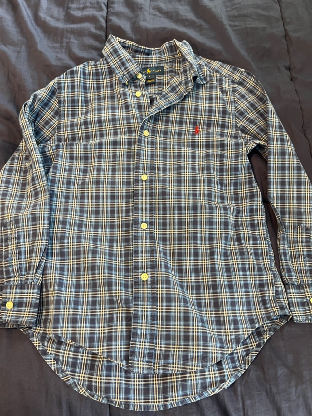 Ralph Lauren Boys Navy Blue Plaid Button-Down Shirt with Red Pony